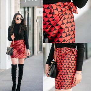 EUC J. Crew Valentine’s Red & Black Heart Faux Wrap Mini Skirt with Bow 10 M